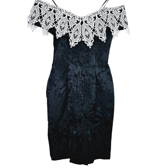 Vintage 1980's Scott McClintock Jacquard Satin Lace Off the Shoulder Dress, Sz 4 - Picture 4 of 8